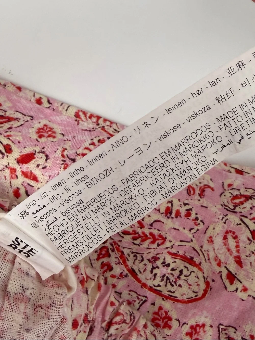 Zara Pants Womens Medium Pink Paisley Floral Linen Blend Pull On Stretch Waist